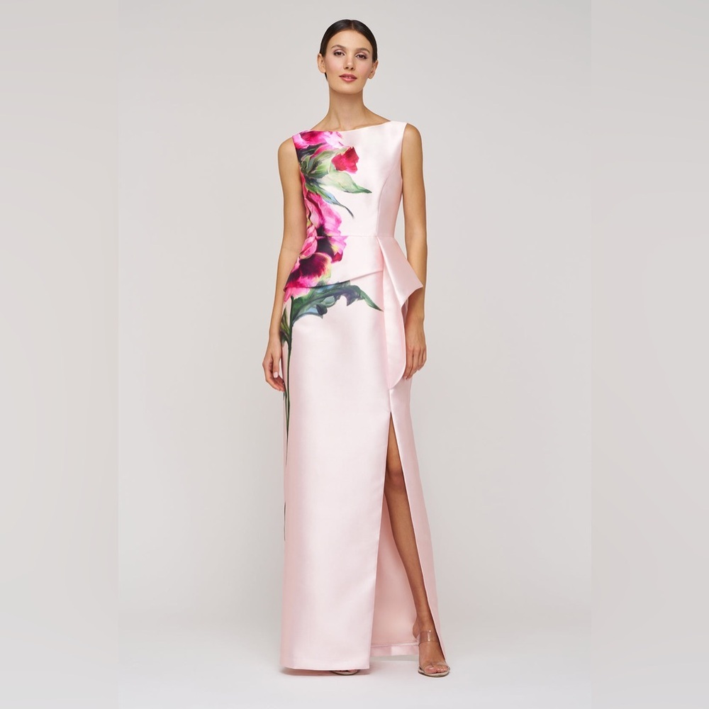 New Kay Unger Luciana Column Gown In Blush Pink Floral